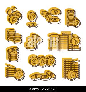Pile con monete d'oro, valuta degli stati uniti d'America. Icone isolate con denaro, risparmi o depositi finanziari. Investimento o guadagno, ricco reperto di materiali preziosi, vettoriale in stile piatto. Monete d'oro, insieme di monete in dollari USA Illustrazione Vettoriale