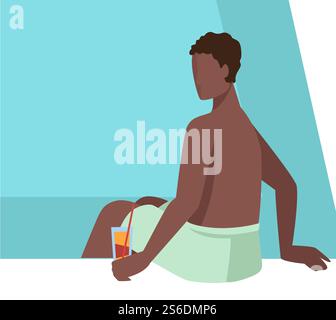 Personaggio maschile riposato a bordo piscina, bevendo cocktail. Uomo seduto a bordo piscina che tiene in mano una bevanda alcolica. Relax e attività estive, solarium e abbronzatura, vettoriale in stile piatto. Uomo seduto a bordo piscina a bere cocktail, carattere maschile in vacanza Illustrazione Vettoriale
