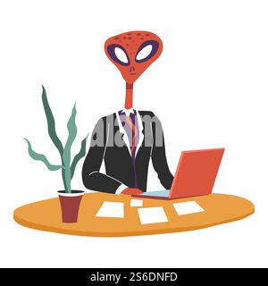 Boss dallo spazio, personaggio alieno che lavora sul laptop. Personalità isolata in abito formale, direttore extraterrestre dell'azienda con personal computer e documenti cartacei vettoriali in stile piatto. Boss alieno che lavora al progetto sul laptop in ufficio Illustrazione Vettoriale