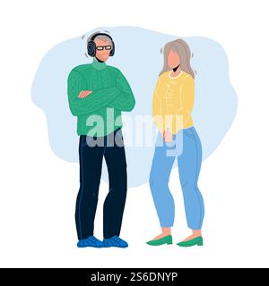 Generazione X uomo e donna che stanno insieme Vector. White Hair Husband ascolta musica in cuffie e stare vicino alla moglie generazione X persone coppia. Illustrazione dei caratteri del cartone animato piatto. Generazione X uomo e donna che stanno insieme Vector Illustrazione Vettoriale