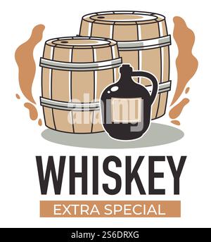 Produzione di whisky, componenti speciali extra e tecnologia di produzione. Cognac in botte di rovere, fermentazione del lievito. Liquori e brandy, emblema o etichetta con iscrizione. Vettore in stile piatto. Whisky extra produzione speciale di vettore di alcol Illustrazione Vettoriale