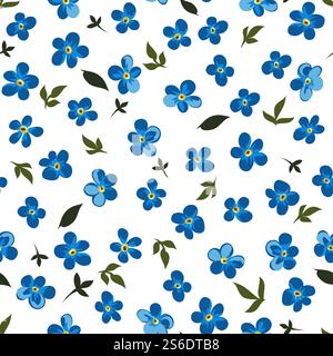 Fiori romantici o minimalisti in fiore, fiori selvatici blu con motivo fiore senza cuciture. Sfondo o sfondo, stampa femminile per biglietti d'auguri. Bouquet con vegetazione lussureggiante. Vettore in stile piatto. Fiori blu in fiore, motivo vettoriale senza cuciture Illustrazione Vettoriale