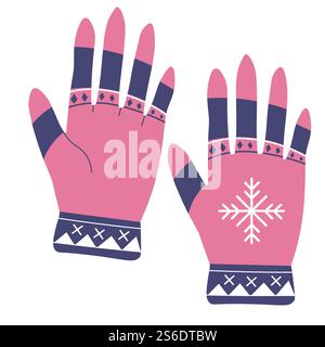 Abbigliamento e accessori invernali per l'inverno, guanti rosa isolati con stampa fiocco di neve. Guanciali caldi per attività all'aperto. Abbigliamento per la stagione fredda, le tendenze e la moda. Vettore in stile piatto. Guanti con stampa a fiocco di neve, vettoriale per abiti invernali Illustrazione Vettoriale