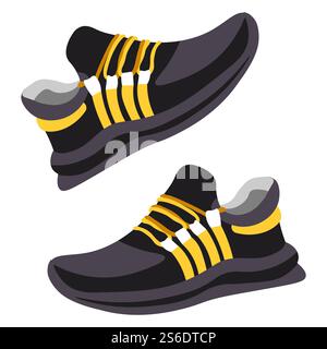 Sneakers alla moda, un paio di scarpe da running o da allenamento. Scarpe moderne ed eleganti per jogging o sport. Pubblicità di assortimento di negozi, abbigliamento alla moda. Vettore in stile piatto. Un paio di scarpe da ginnastica dal design moderno Illustrazione Vettoriale