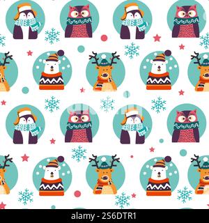 Animali di Natale che indossano abiti caldi a maglia. Cervi e pinguini, gufo e orso polare. Festeggiamenti di Natale e Capodanno. Renne e uccelli con fiocchi di neve. Ripetizione senza cuciture, vettoriale in stile piatto. Personaggi animali di Natale, orsi e cervi Illustrazione Vettoriale