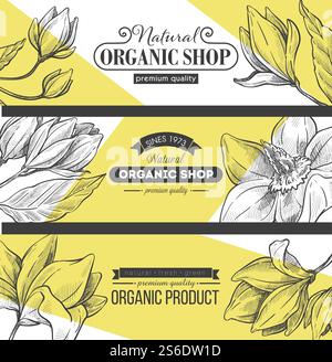 Acquista e riponi prodotti e ingredienti biologici. Banner per siti Web, pagine Internet e vendite online. Shopping ecologico, alta qualità. Contorno di schizzo monocromatico, vettoriale in stile piatto. Prodotti biologici di qualità superiore, banner per siti Web Illustrazione Vettoriale