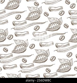 Cacao o chicchi di caffè con foglie, fiocchi di cannella senza cuciture. Ingredienti biologici crudi per dessert e piatti. Sapori aromatici, sfondo del menu. Contorno di schizzo monocromatico, vettoriale in stile piatto. Caffè e chicchi di cacao, fiocchi di cannella senza cuciture Illustrazione Vettoriale