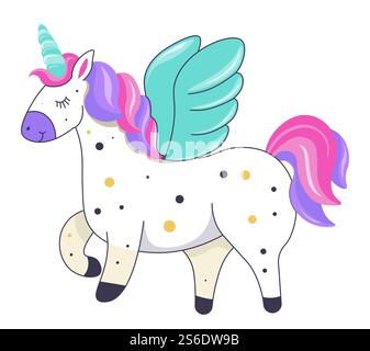 Creatura pegasus alata con corno, unicorno con coda arcobaleno. Fantastica creatura isolata, corsa di cavalli o pony e galoppaggio. Libertà e mitologia, immaginazione da favola. Vettore in stile piatto. Unicorno con corno o pegaso con vettore di ali Illustrazione Vettoriale