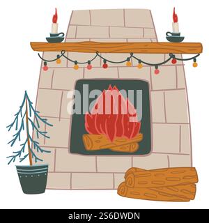 Preparazione degli interni per le vacanze di Natale. Caminetto isolato decorato con ghirlande luminose e candele aromatiche. Tronchi in fiamme e piante d'appartamento, pino di Natale. Festa di Capodanno Vector in appartamento. Caminetto decorato con ghirlande e candele e interni domestici Illustrazione Vettoriale