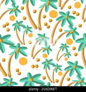 Pianta tropicale senza cuciture di palme e noci di cocco. Sole e natura tropicale, vegetazione estiva e calore delle vacanze. Botanica delle hawaii, ambiente di sabbia esotica. Vettore in stile piatto. Palma con noci di cocco e motivo solare senza cuciture Illustrazione Vettoriale