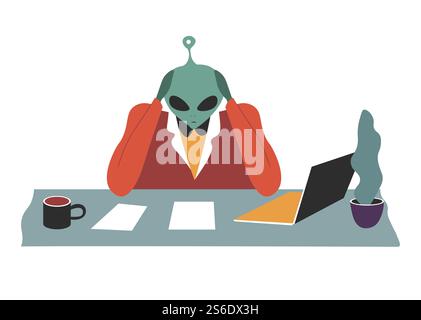 Personaggio umanoide al lavoro che pensa al progetto in ufficio. Alieno che lavora su documenti, lavoro con personal computer, piante decorative e tazza di caffè. Brainstorming di mostri al vettore del lavoro. Brainstorming alieno sulle attività aziendali, sul luogo di lavoro dell'invasore spaziale Illustrazione Vettoriale