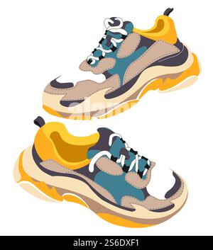 Scarpe da ginnastica alla moda per allenarsi e fare sport. Scarpe isolate con lacci colorati e pelle. Abbigliamento sportivo per running, Street style e abbigliamento alla moda. Vettore in piano. Sneaker alla moda e alla moda per l'allenamento vettoriale Illustrazione Vettoriale