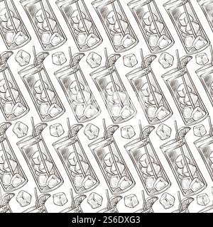 Bevanda alcolica servita in bicchiere con cannucce, cubetti di ghiaccio e fetta di frutta, senza cuciture. Bevande rinfrescanti per feste o vacanze, cocktail freschi al bar/nightclub. Vettore di contorno dello schizzo monocromatico. Cocktail in bicchieri, bevande con fetta di frutta senza cuciture Illustrazione Vettoriale