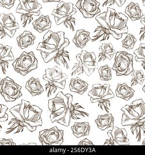 Mazzi di rose, motivo senza cuciture. Pianta fiorente su stelo con petali. Composizione floristica, stampa decorativa. Fioritura e fioritura primaverile. Contorno di schizzo monocromatico, vettoriale in stile piatto. Rose con petali, fiori in fiore senza cuciture Illustrazione Vettoriale