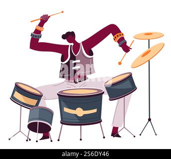 Batterista che suona la batteria, personaggio maschile isolato con attrezzature e bastoni che suonano canzoni. Giocatore professionista di jazz o rock. Uomo espressivo hobby musicale o attività. Vettore di prova in stile piatto. Batterista professionista che suona canzoni, musicista artista che esegue melodie Illustrazione Vettoriale