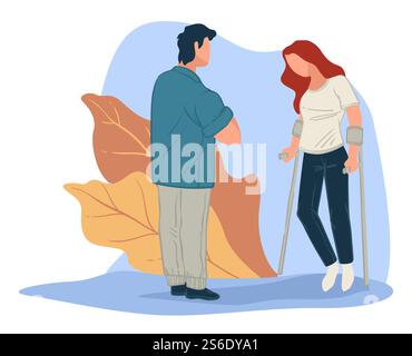 Medico che osserva il processo di riabilitazione di donna con gamba rotta. Trattamento e assistenza sanitaria, esercizio di carattere femminile dopo lesione o frattura. Aiutare a guarire. Vettore in stile piatto. Riabilitazione in seguito a lesioni alle gambe o a frattura Illustrazione Vettoriale