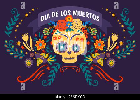 Il giorno dei morti con flora e fogliame decorativi. Dia de los muertos, celebrazione della tradizionale vacanza messicana. Teschi ornati con botanica, fiori e foglie, vettoriali in stile piatto. Dia de los muertos, cranio decorato con fiori Illustrazione Vettoriale