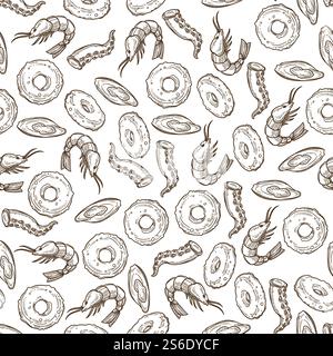 Anelli grigliati di carne di pesce, gamberetti fritti senza cuciture. Piatti di pesce nel menu del ristorante, cucina e preparazione di spuntini. Ricetta culinaria. Contorno di schizzo monocromatico, vettoriale in stile piatto. Menu a base di pesce, piatti di gamberi fritti con motivo senza cuciture Illustrazione Vettoriale