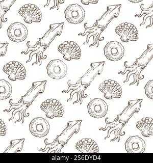 Creature marine o oceaniche, molluschi e calamari senza cuciture. Ingredienti crudi e preparati con delicatezza. Cucina a base di pesce, menu mediterraneo con fauna selvatica. Contorno di schizzo monocromatico, vettoriale in stile piatto. Calamari e conchiglie, motivo nautico marino senza cuciture Illustrazione Vettoriale