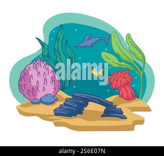 Fondo marino o oceanico, acquario isolato o fauna selvatica. Flora e fauna sottomarina. Alghe esotiche e selvatiche e pesci da nuoto. Pietre decorative e coralli, sabbia e squalo. Vettore in stile piatto. Acquario o fondo marino o oceanico, pesci e piante infestanti Illustrazione Vettoriale