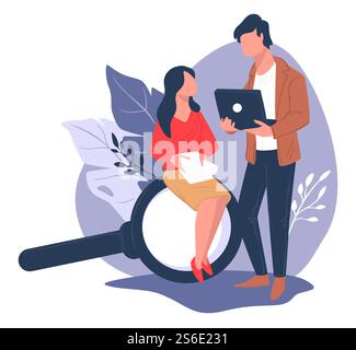 Dipendenti che pensano allo sviluppo aziendale, uomini e donne che fanno ricerca sul lavoro. Esame e ricerca della soluzione per il progetto. Persone con laptop e lente di ingrandimento, vettoriali in stile piatto. Ricerca e pianificazione delle imprese, strategia e cooperazione sul luogo di lavoro Illustrazione Vettoriale