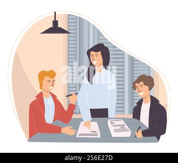 Progetti di sviluppo del team per i dipendenti aziendali e discussione di idee. Brainstorming dei lavoratori con leader che mostrano rapporti e risultati del lavoro. Vita in ufficio o dipendenti seduti al tavolo. Vettore in stile piatto. Team di dipendenti che pensano allo sviluppo del progetto Illustrazione Vettoriale