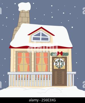 Casa coperta di neve decorata per le vacanze di natale. Edificio con rami di pino e campana con nastro all'entrata. Capodanno e festeggiamenti natalizi nella stagione invernale. Vettore in stile piatto. Casa decorativa per feste natalizie, decorazioni natalizie Illustrazione Vettoriale