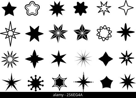 Set di forme a stella. Silhouette nere a stelle diverse, simboli geometrici scintillanti natalizi e collezione vettoriale isolata a stelle dello sceriffo. Illustrazione scintilla stellare, decorazione magica natale. Set di forme a stella. Silhouette nere a stelle diverse, simboli geometrici scintillanti natalizi e collezione vettoriale isolata a stelle dello sceriffo Illustrazione Vettoriale