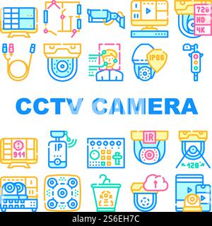 Le icone della raccolta di sicurezza della telecamera CCTV impostano il vettore. Telecamera CCTV e cavo, monitor per computer e identificazione facciale, concetto di videoregistratore e interruttori pittogrammi lineari. Illustrazioni colore contorno. Le icone della raccolta di sicurezza della telecamera CCTV impostano il vettore Illustrazione Vettoriale