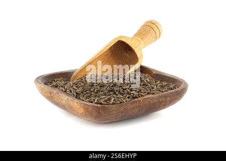 I semi di carvi, noti anche come finocchio meridiano o cumino persiano, sono esposti in una ciotola di legno con una paletta. Noti per il loro sapore aromatico, questi vedono Foto Stock