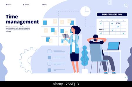 Gestione efficace del tempo. Soluzione di pianificazione aziendale, lavoro di squadra in ufficio. Modello di pagina di destinazione vettoriale dell'app di pianificazione prioritaria perfetta. Gestione del lavoro di squadra, illustrazione del tempo della strategia di lavoro d'ufficio. Gestione efficace del tempo. Soluzione di pianificazione aziendale, lavoro di squadra in ufficio. Modello di pagina di destinazione vettoriale dell'app di pianificazione prioritaria perfetta Illustrazione Vettoriale
