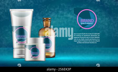 Sfondo cosmetico. Sfondo estetico vettoriale con flaconi di prodotto e provette. Modelli di packaging realistici. Flacone illustrativo cosmetico, tubo crema realistico. Sfondo cosmetico. Sfondo estetico vettoriale con flaconi di prodotto e provette. Modelli di packaging realistici Illustrazione Vettoriale