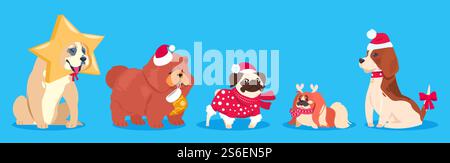 Cani di Natale. Animali vettoriali invernali. Simpatici cani da cartoni animati nel cappello di babbo natale, sciarpa con regali. Collezione di animali domestici natalizi. Animali domestici festivi natale, celebrazione inverno Capodanno illustrazione. Cani di Natale. Animali vettoriali invernali. Simpatici cani da cartoni animati nel cappello di babbo natale, sciarpa con regali. Collezione di animali domestici natalizi Illustrazione Vettoriale