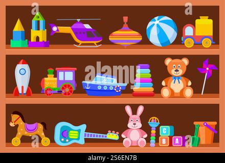 Giocattoli per bambini sugli scaffali. Giocattolo per bambini su scaffale in legno nella sala giochi. Cartoni animati e treno, vortice e chitarra Vector vintage. Scaffale illustrativo con giocattoli per bambini, sonaglino e blocco. Giocattoli per bambini sugli scaffali. Giocattolo per bambini su scaffale in legno nella sala giochi. Cartoni animati e treno, vortice e chitarra Vector vintage Illustrazione Vettoriale