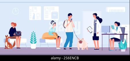 Clinica veterinaria. Servizi veterinari, reception, coda al medico veterinario. Ufficio veterinario salute animale cura ospedale. Proprietari di animali domestici con illustrazioni vettoriali per cani. Ospedale veterinario alla reception. Clinica veterinaria. Servizi veterinari, reception, coda al medico veterinario. Ufficio veterinario salute animale cura ospedale. Proprietari di animali domestici con illustrazioni vettoriali per cani Illustrazione Vettoriale