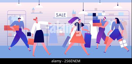 Negozio di abbigliamento. Persone che fanno shopping con scatole e borse all'interno di un outlet di moda, boutique. Abbigliamento alla moda, grande concetto vettoriale di vendita natalizia. Negozio di abbigliamento. Persone che fanno shopping con scatole e borse all'interno di un outlet di moda, boutique. Concetto vettoriale di abiti alla moda Illustrazione Vettoriale