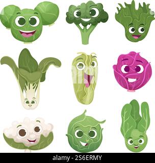 Caratteri cavolo. Personaggi comici vegetali con occhi e sorrisi affrontano la collezione di mascotte vettoriali di cibi ecologici. Illustrazione cavolo e broccoli biologici, delizioso carattere vegetale. Caratteri cavolo. Personaggi comici vegetali con occhi e sorrisi affrontano la collezione di mascotte vettoriali di cibi ecologici Illustrazione Vettoriale
