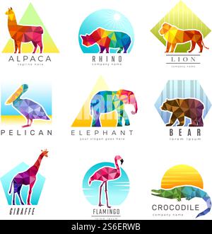 Logo degli animali. Simboli geometrici triangolari in polietilene dello zoo per diversi animali, vettore di identità aziendale colorato origami. Illustrazione logo animale triangolare geometrico, triangolo poligonale. Logo degli animali. Simboli geometrici triangolari in polietilene dello zoo per diversi animali, vettore di identità aziendale colorato origami Illustrazione Vettoriale