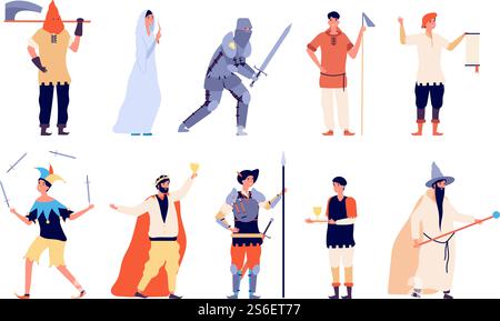 Personaggi medievali. Fato e cavaliere, contadino e carnefice, mago e re, guerriero e jolly, set di vettori di cartoni animati da favola. Illustrazione di mago e vichingo, cavaliere fiabesco e re. Personaggi medievali. Fato e cavaliere, contadino e carnefice, mago e re, guerriero e jolly, set di vettori di cartoni animati da favola Illustrazione Vettoriale