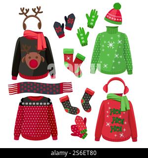 Vestiti di Natale. Maglioni invernali brutti cappelli guanti sciarpe pullover con decorazioni in tessuto immagini vettoriali. Cappello e sciarpa di Natale, maglione abiti per le feste invernali. Vestiti di Natale. Maglioni invernali brutti cappelli guanti sciarpe pullover con decorazioni in tessuto immagini vettoriali Illustrazione Vettoriale