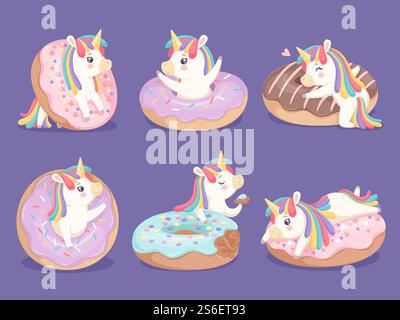 Dessert all'unicorno. Pony rosa magica con ciambelle, cupcake, dolci, personaggi vettoriali. Cavallo affascinante con corno, fantasioso pony allegro illustrazione. Dessert all'unicorno. Pony rosa magica con ciambelle, cupcake, dolci, personaggi vettoriali Illustrazione Vettoriale