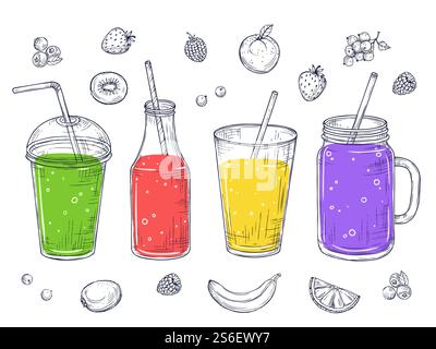 Frullati. Succo di frutta sano, bevande da schizzo. Bevanda verde Doodle, disintossicazione di cocktail freschi e limonata. Set di frullati dietetici isolati dal vettore. Succo di frutta bevanda sana, frullato fresco illustrazione. Frullati. Succo di frutta sano, bevande da schizzo. Bevanda verde Doodle, disintossicazione di cocktail freschi e limonata. Set di frullati dietetici isolati dal vettore Illustrazione Vettoriale