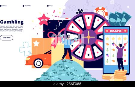 Landing page gioco d'azzardo. Gente felice che gioca alla lotteria, alla slot machine e alla roulette del casinò. Vinci un gioco vettoriale con un jackpot di poker. Illustrazione del casinò jackpot e gioco d'azzardo a premi. Landing page gioco d'azzardo. Gente felice che gioca alla lotteria, alla slot machine e alla roulette del casinò. Vinci un gioco vettoriale con un jackpot di poker Illustrazione Vettoriale