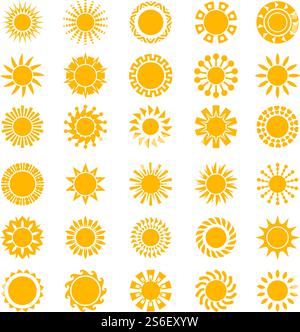 Icone del sole. Creatività all'alba forme del cerchio solare logo tramonto simboli stilizzati collezione vettoriale. Illustrazione del set di logo Sunshine and Sunlight, Light and Hot. Icone del sole. Creatività all'alba forme del cerchio solare logo tramonto simboli stilizzati collezione vettoriale Illustrazione Vettoriale