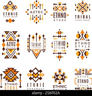 Logo etnico. Simboli tribali alla moda forme geometriche elementi vettoriali messicani decorativi indiani. Illustrazione del logo decorativo americano e messicano alla moda. Logo etnico. Simboli tribali alla moda forme geometriche elementi vettoriali messicani decorativi indiani Illustrazione Vettoriale