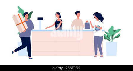 Concetto di assistenza clienti. Acquirenti con prodotti al banco. Personaggi piatti maschili del team del negozio vettoriale. Cassiere illustrativo donna e uomo lavoratore, venditore alla cassa. Concetto di assistenza clienti. Acquirenti con prodotti al banco. Personaggi piatti maschili del team del negozio vettoriale Illustrazione Vettoriale