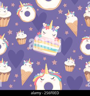 Schema unicorno. Decorazione dessert pony magico con cupcake dolci ciambelle celebrazione vettoriale sfondo senza cuciture. Illustrazione: Dolci a pony unicorno, confezione con cono di waffle. Schema unicorno. Decorazione dessert pony magico con cupcake dolci ciambelle celebrazione vettoriale sfondo senza cuciture Illustrazione Vettoriale