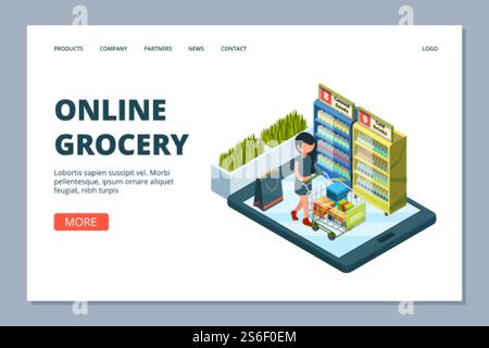 Pagina di destinazione della spesa online. Donna isometrica vettoriale con carrello. concetto di negozio di alimentari online in 3d. Negozio di illustrazioni e negozio online, pagina supermercato mobile. Pagina di destinazione della spesa online. Donna isometrica vettoriale con carrello. concetto di negozio di alimentari online in 3d. Illustrazione Vettoriale