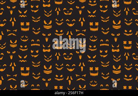 Facce di zucca con motivo senza cuciture. Halloween jack o lanterna silhouette texture. Mostro fantasma intagliato occhi spaventosi sfondo vettoriale bocca. Illustrazione halloween spaventoso, sfondo delle festività di ottobre. Facce di zucca con motivo senza cuciture. Halloween jack o lanterna silhouette texture. Mostro fantasma che incide gli occhi spaventosi e lo sfondo vettoriale della bocca Illustrazione Vettoriale