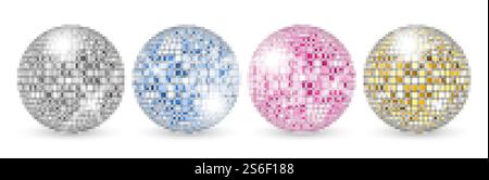 Ballo da discoteca. Set di palline da festa a specchio. Decorazioni vettoriali brillanti per il night club. Illustrazione a specchio luminoso ballo da discoteca per discoteca. Ballo da discoteca. Set di palline da festa a specchio. Decorazioni vettoriali brillanti per il night club Illustrazione Vettoriale